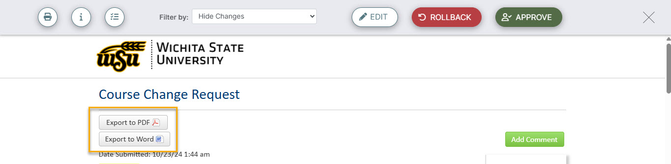 Screenshot highlighting the export proposal options