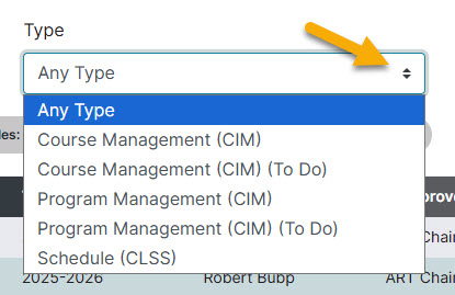 Screenshot showing how to filter proposals by type