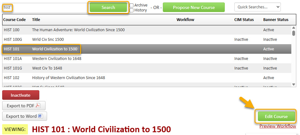 Screenshot showing how to find course to edit in CIM