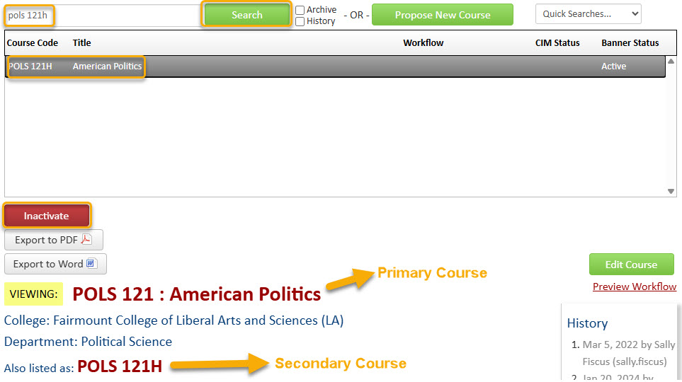 Screenshot showing how to find cross-list group to inactivate in CIM with the Primary and Secondary courses identified