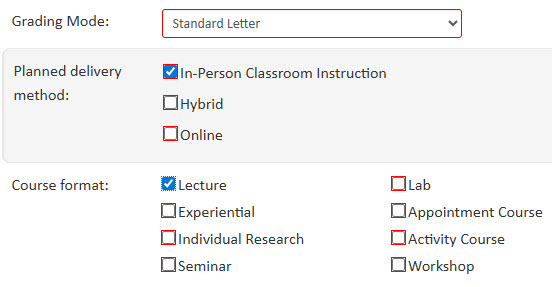 Screenshot of the Grading Mode, Planned delivery method, and Course format fields