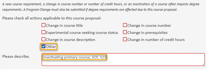 Screenshot of Other action selected for inactivating primary course
