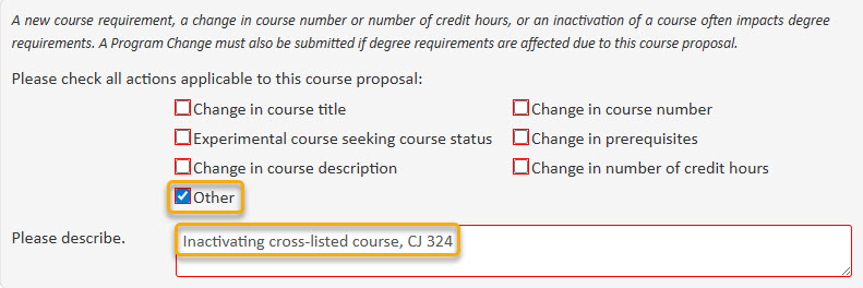 Screenshot of Other action selected for inactivating secondary course