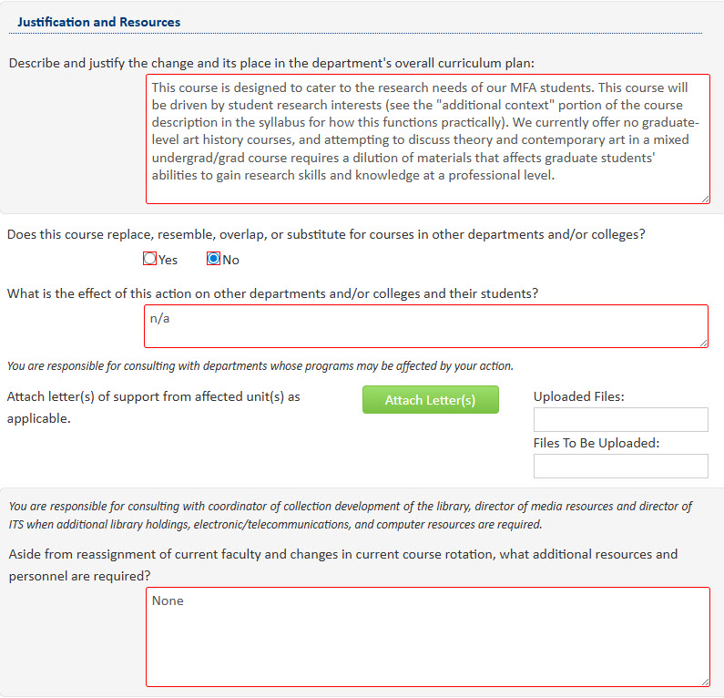 Screenshot of the Justification and Resources section of the CIM form