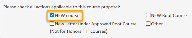 Screenshot of NEW course option selected