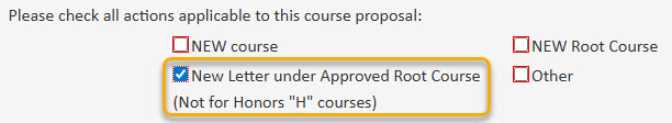 Screenshot of New Letter under Approved Root Course action selected