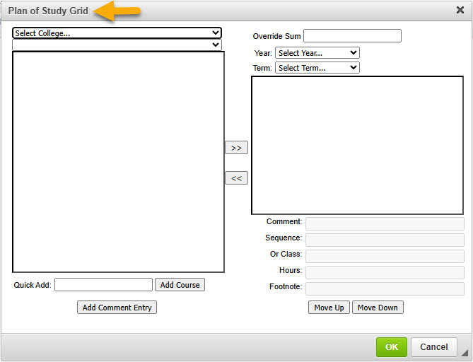 Screenshot of blank Plan of Study Grid editor
