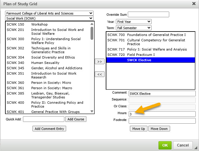 Screenshot of adding credit hours to a comment in table