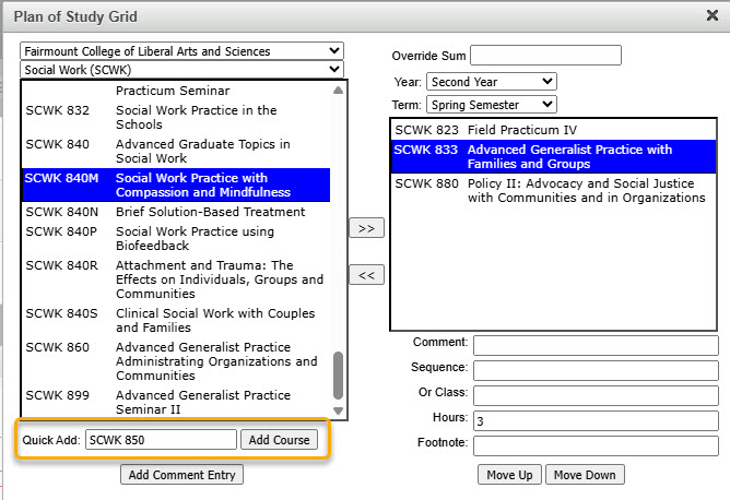 Screenshot of adding course with Quick Add