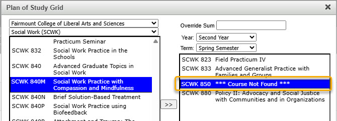 Screenshot of added course not created yet in Banner