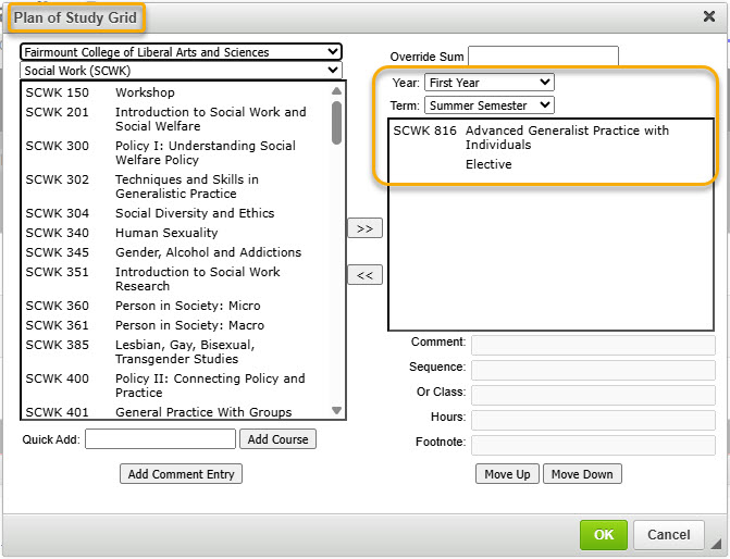 Screenshot of Plan of Study Editor with courses already listed in right-hand box