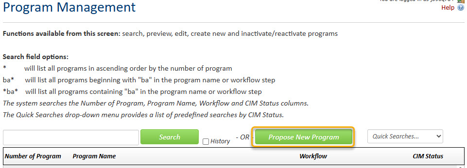 Screenshot with the Propose New Program button highlighted