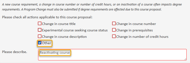 Screenshot of other action selected for reactivation