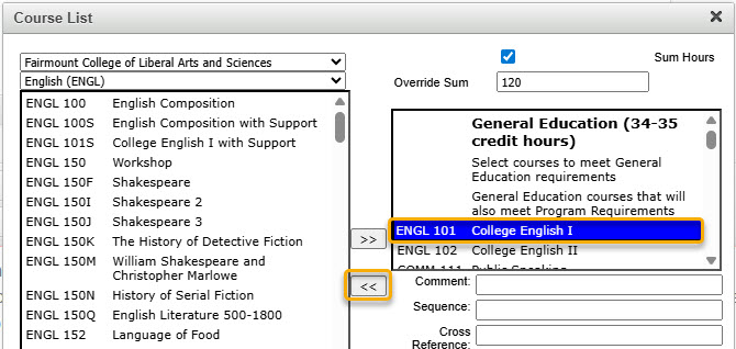 Screenshot showing how to remove a course from the table