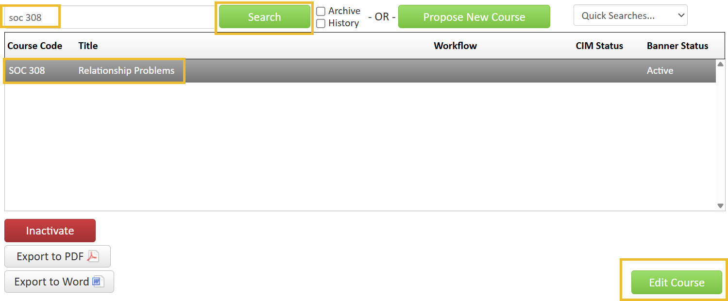 Computer image showing how to search by subject and course number.