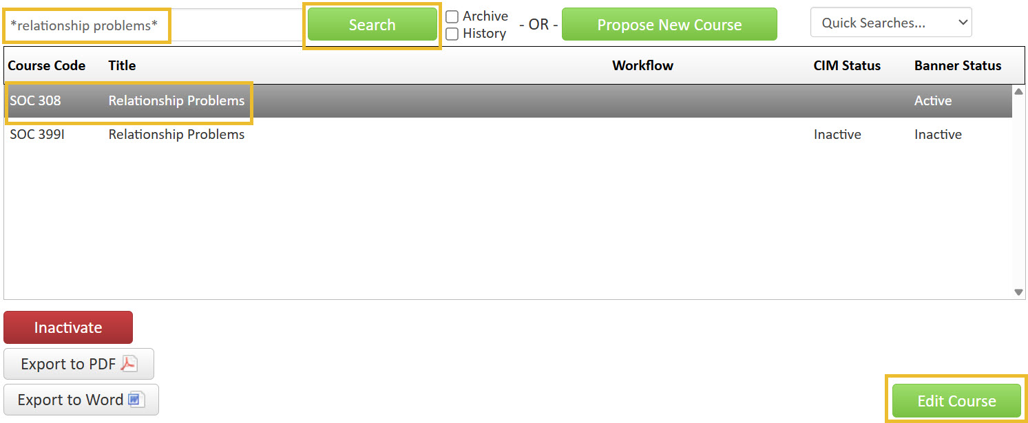 Computer image showing searching by course title with asterisks at beginning and end.