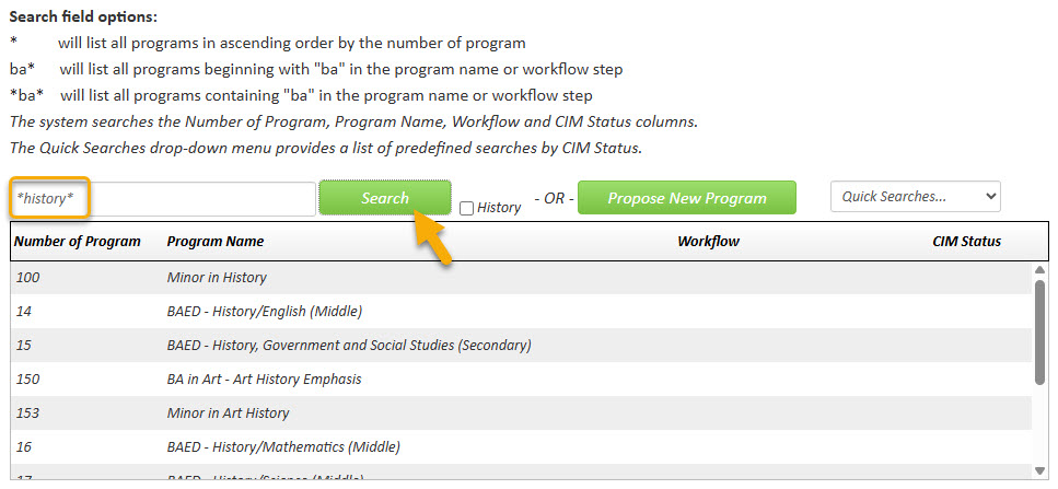 Screenshot of searching for program to edit
