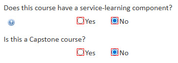Screenshot of the service-learning and captone questions