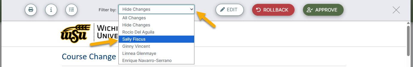 Screenshot showing how to view changes by a specific person