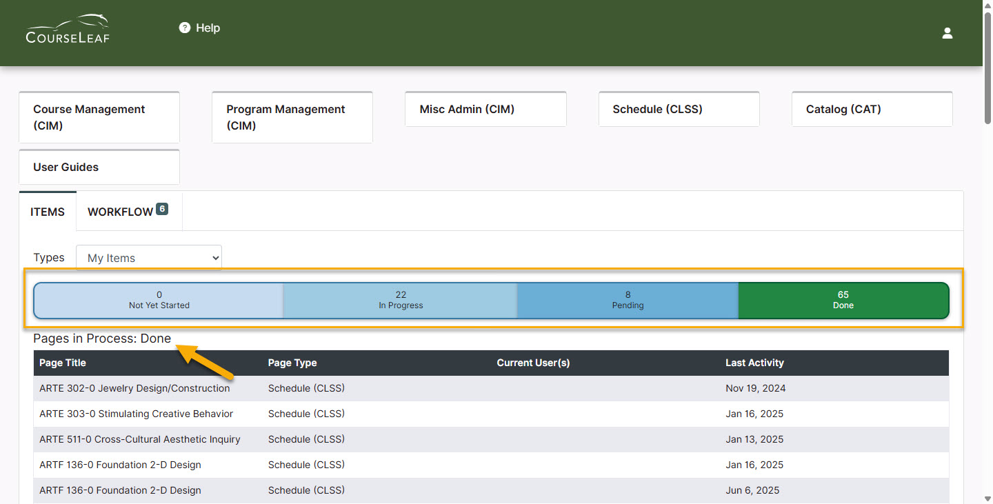 Screenshot of dashboard with Done status highlighted