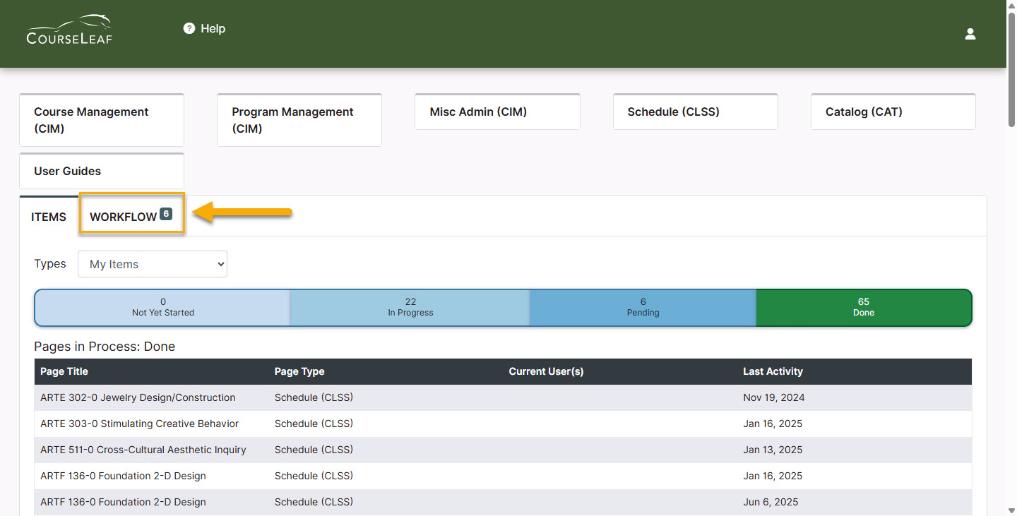 Screenshot of dashboard with Workflow Tab highlighted