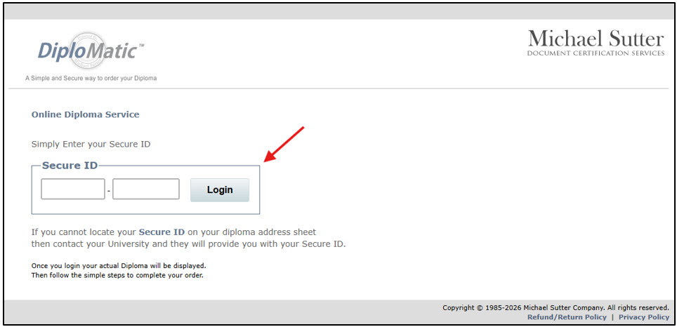 Computer image showing the eDiploma website and the fields to enter your secure ID.