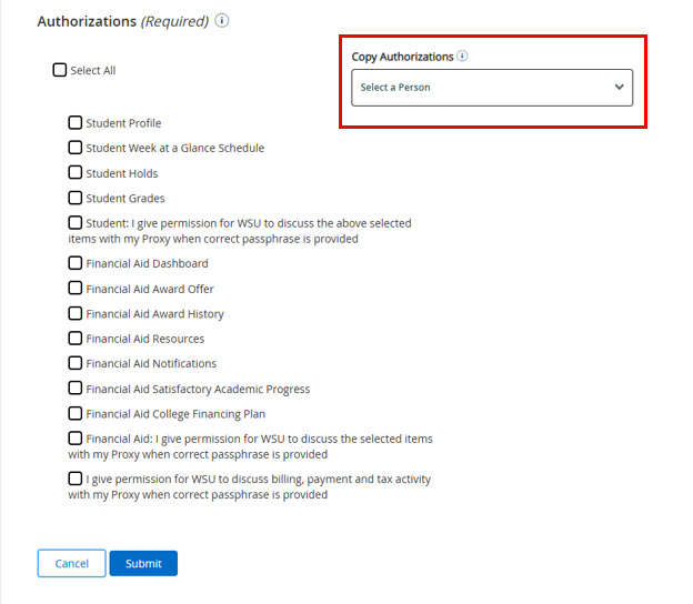 Image of Fields To Authorize and Copy Authorizations menu