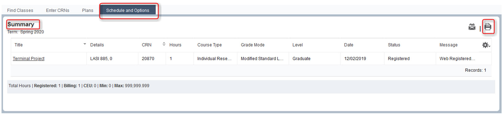 computer image showing printer icon in the upper right corner of the summary section