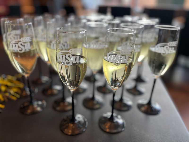 Champagne glasses on display.