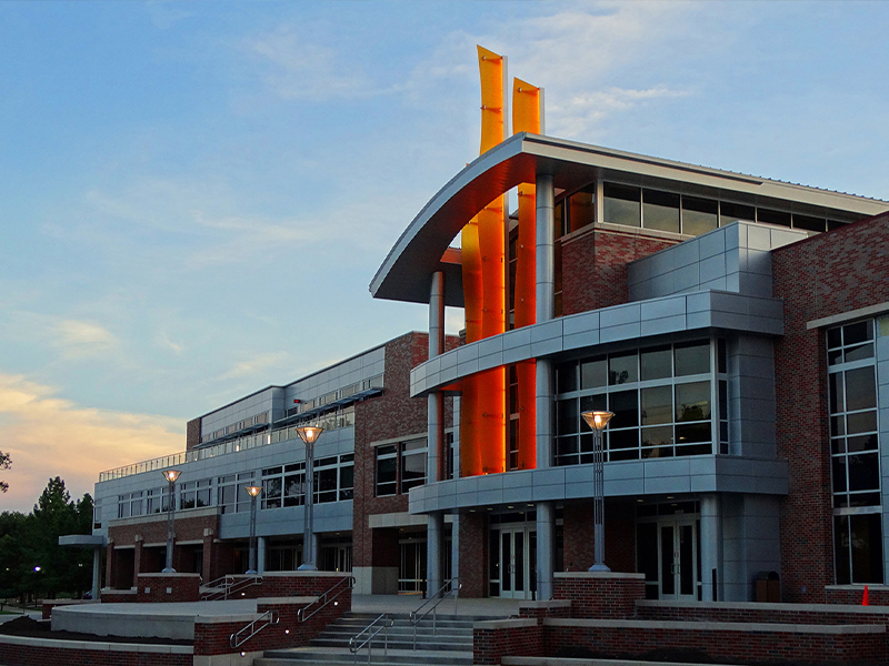 View of the east side of the Rhatigan Student Center in the morning.