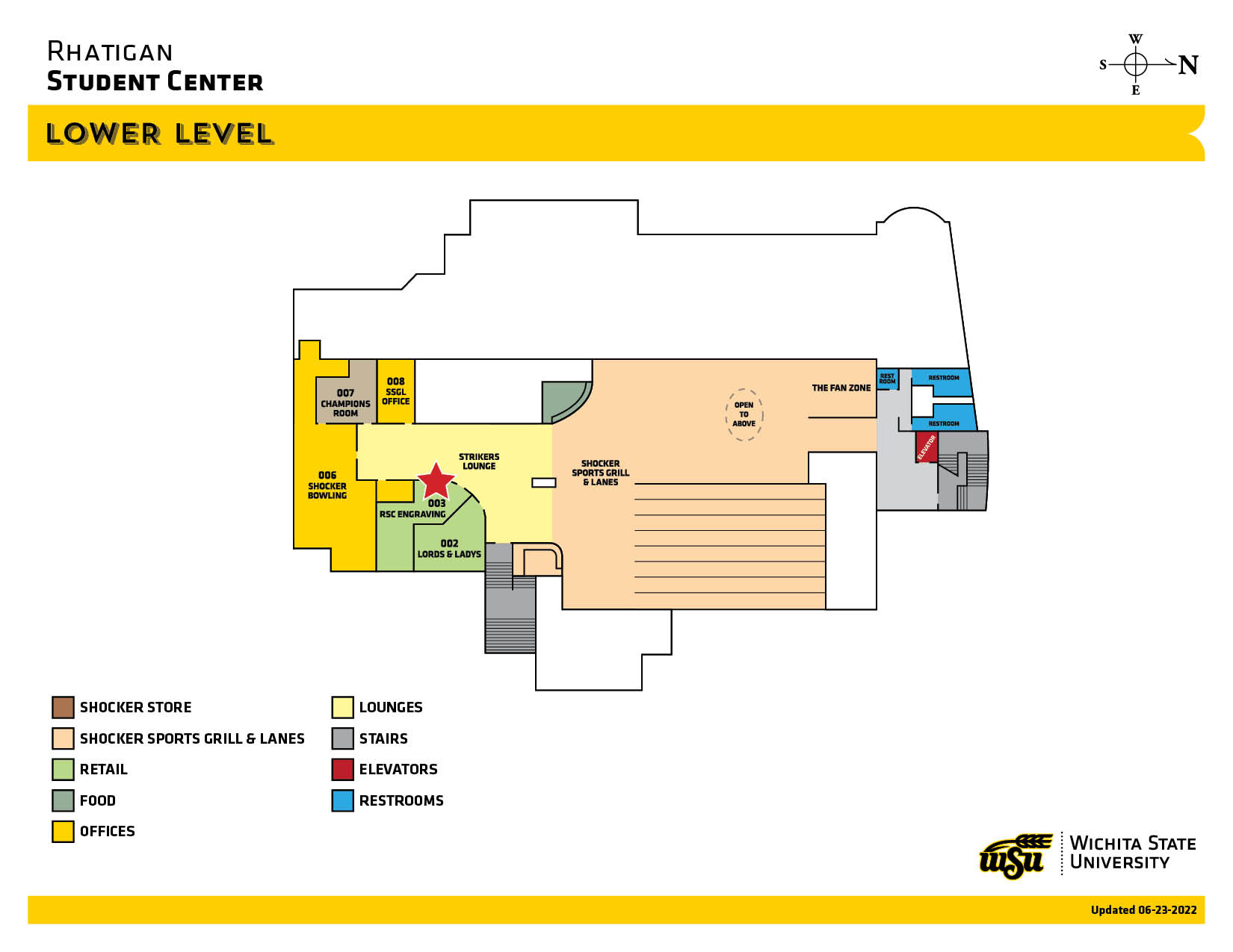 Lower level of the Rhatigan Student Center showing the Shocker Sports Grill and Lanes, RSC Engraving, Lord's and Lady's Salon, Shocker Bowling, and the textbook level of the Shocker Store. This is a space for gathering, eating, and entertainment.