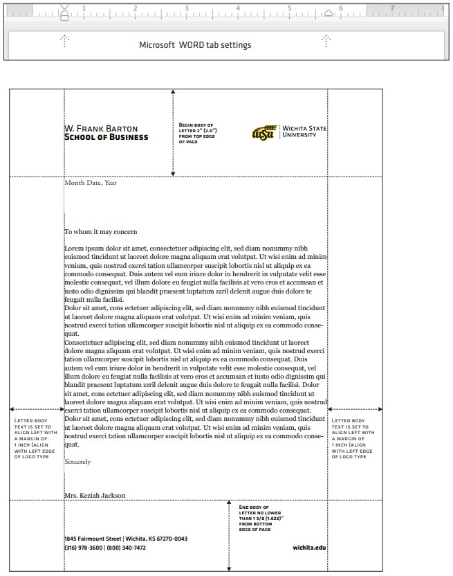 Letterhead and tab settings, including a top margin of 2" and side margins of 1" left and right with a bottom margin no lower than 1.625".