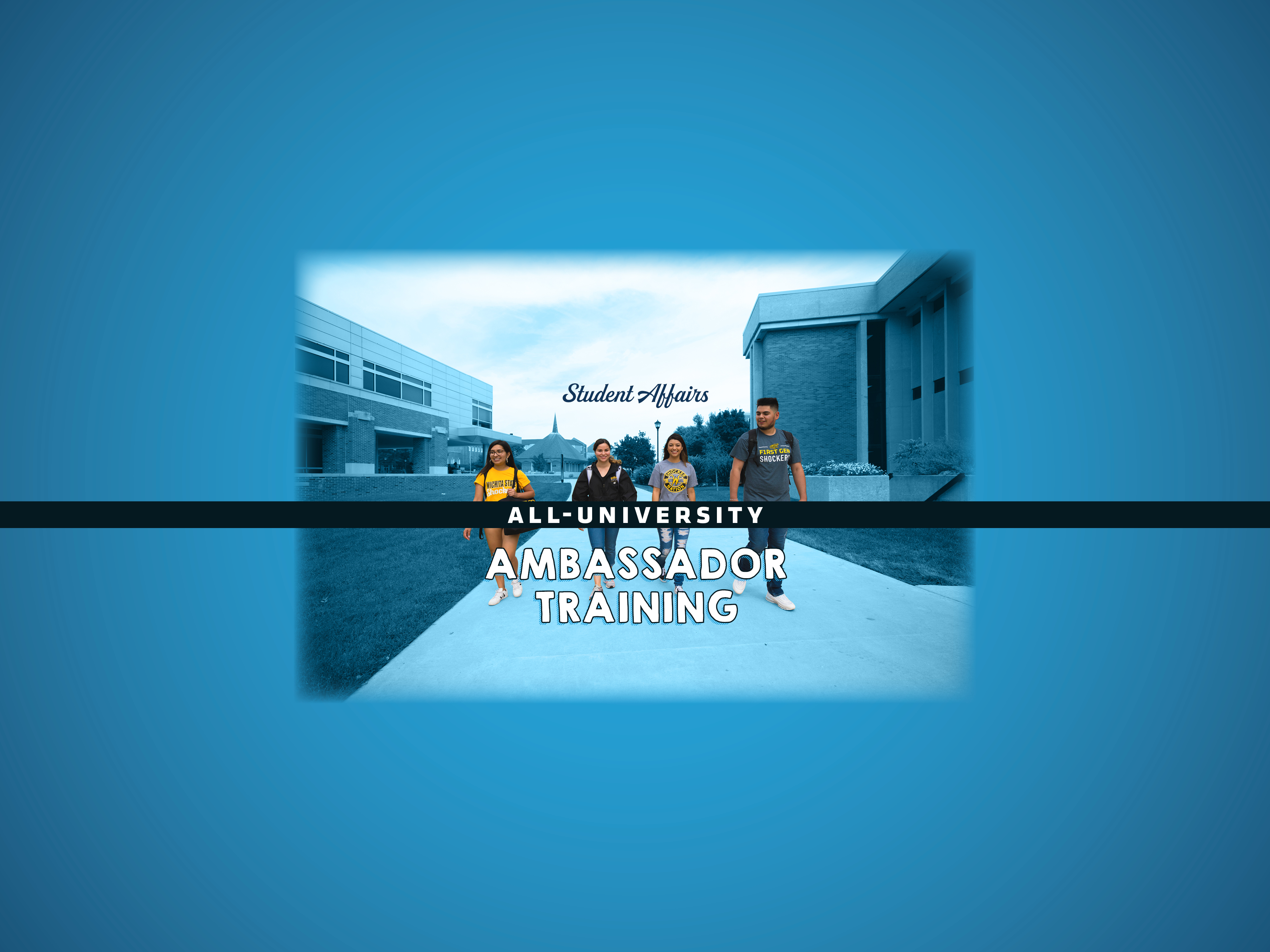 Four students walking toward the camera. The background is bluescale while the students are full-color.