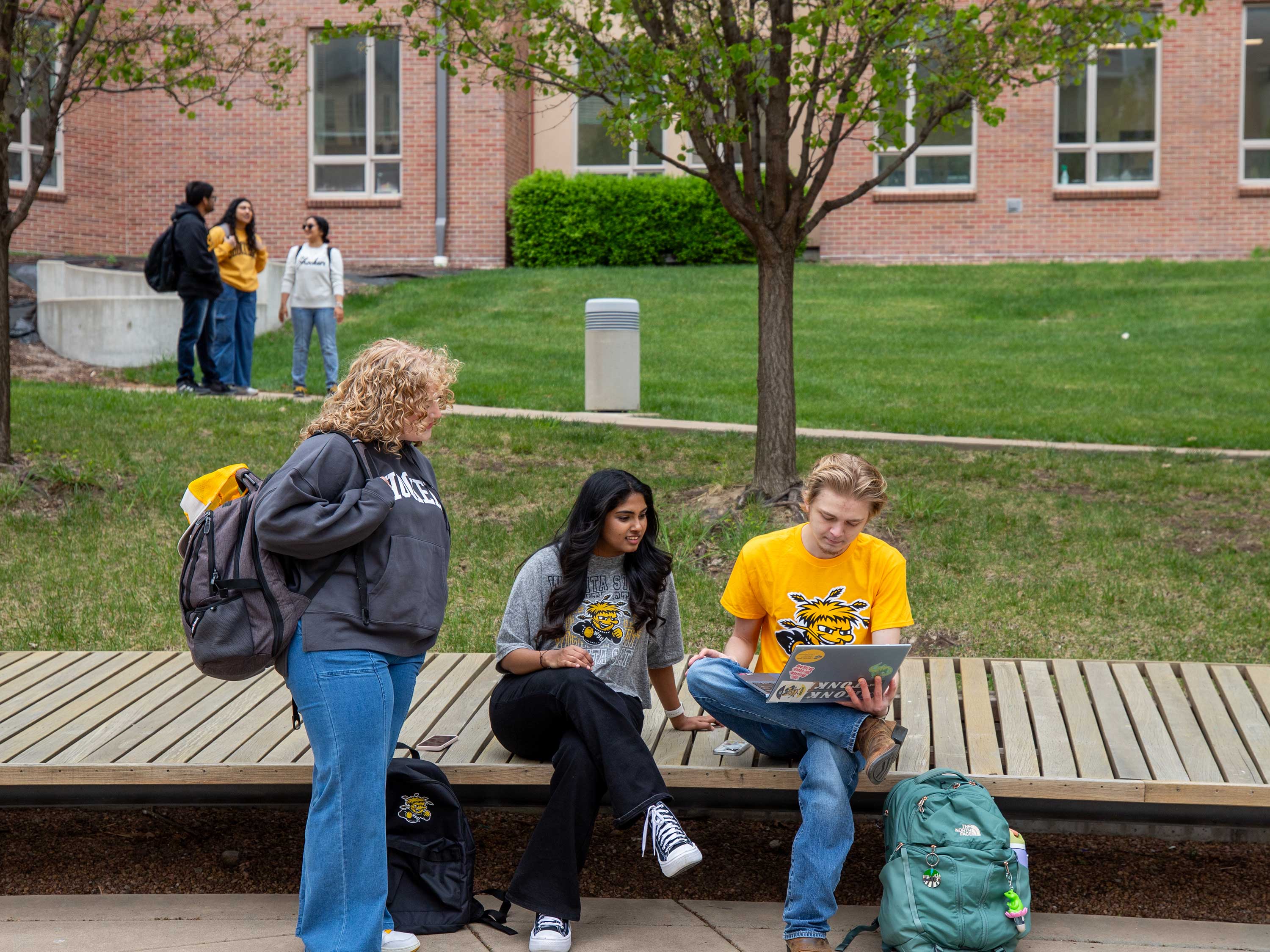 Decorative 3 students looking at a laptop 
