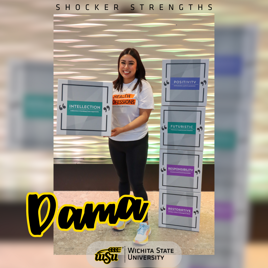girl standing next to strengths boxes