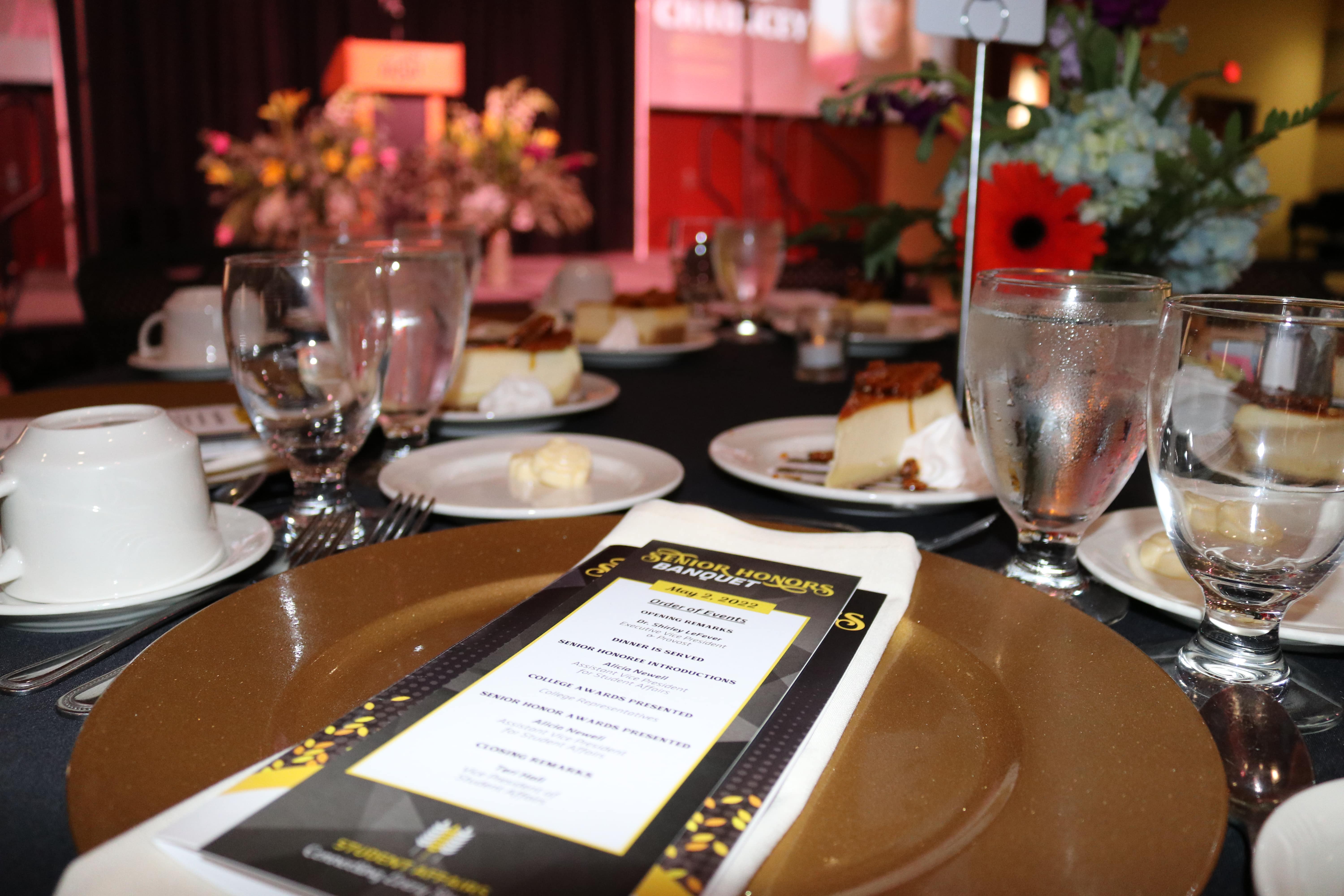 A close up of the table decorations at the banquet