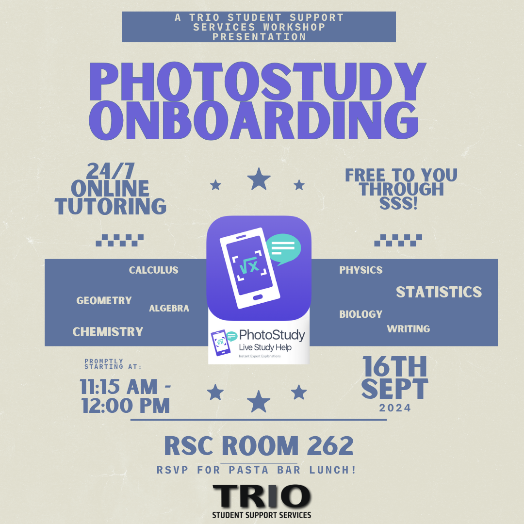 A flyer for a TRIO Student Support Services workshop titled 'PhotoStudy Onboarding.' It promotes 24/7 online tutoring services for various subjects like Calculus, Geometry, Algebra, Chemistry, Physics, Statistics, Biology, and Writing. The workshop is scheduled for September 16th, 2024, from 11:15 AM to 12:00 PM at RSC Room 262. The flyer includes a PhotoStudy app logo and mentions the free service available through TRIO Student Support Services. An RSVP for a pasta bar lunch is requested. The workshop is hosted by Dr. Linda F. Rhome, Executive Director of TRIO Student Support Services, with a photo of her at the bottom right corner.