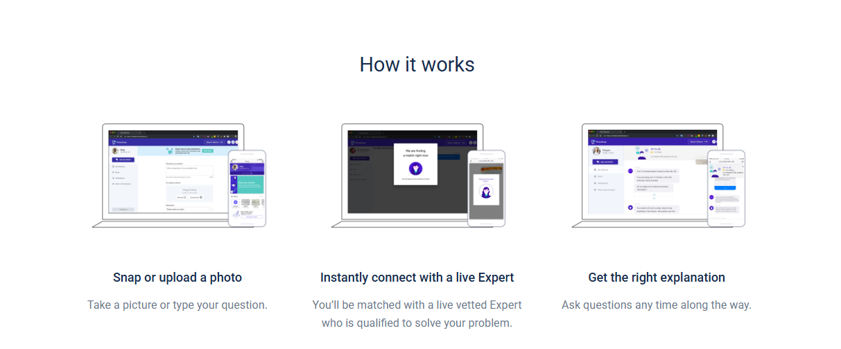 Graphic showing how PhotoStudy works: Step 1 – Snap or upload a photo of your question. Step 2 – Instantly connect with a live, vetted expert. Step 3 – Get the right explanation and ask questions anytime.