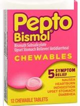 Pink and yellow box showing Pepto Bismol, name brand for bismuth subsalicylate, which helps relieve symptom of upset stomach, diarrhea, indigetion, nausea, gas symptoms