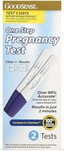 Picture of the box of the GoodSense Pregnancy urine test. It has two tests in it