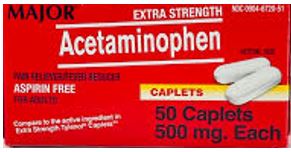 red box with information on acetaminophen 500 milligrams with 50 caplets, generic for Tylenol, that is pain reliever, fever reducer symptoms, approved for use during pregnancy