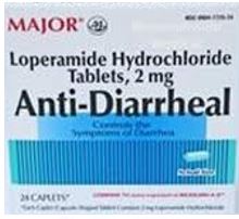 Blue and White box with product information on anti-diarrheal, generic for Immodium and helpt to relieve symptoms of diarrhea.