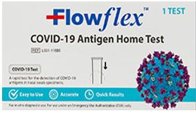 Flow Flex covid-19 at home nasal swab tests. 1 kit per box