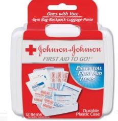 Red and white case holding items of the Red Cross First Aid Kit, including (2) 5x7 cleansing wipes, (4) 2x2 inch gauze pads, (2) 3/4 x 3 in Bandaid flexible adhesive bandage, (4) 2 1/4 in fexible bandage