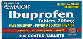 Dark blue box containing ibuprofen, generic for Advil, which is a pain reliever, fever reducer symptoms