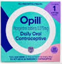 Box containing Opill, brand name for Norgestrel 0.075mg tablets #28, which is the over the counter daily birth control pill