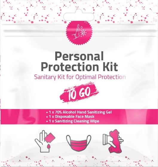 Photo of personal protection kit that includes 1 alcohol hand sanitizing gel, 1 Disposable face mask and 1 sanitizing cleaning wipe