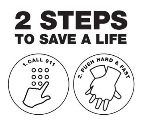 Image depicting two steps to save a life; 1. call 911; 2 push hard and fast