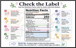 Photo showing how to check different sections of a food label and what to look for