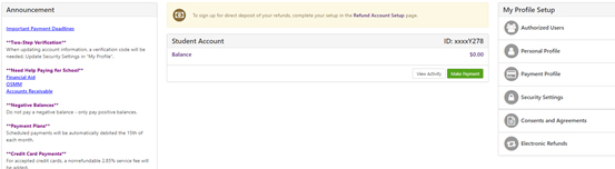 Student Account Suite home page screen